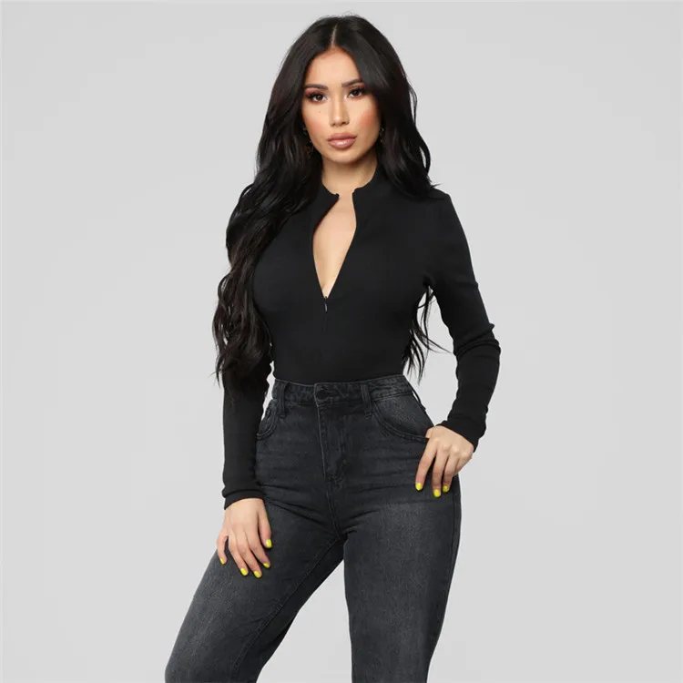 Spring 2020 Black White Bodysuit Women Zipper Long Sleeve Jumpsuit One Piece Open Crotch Slim Fit ropa mujer D01715Y | Женская одежда