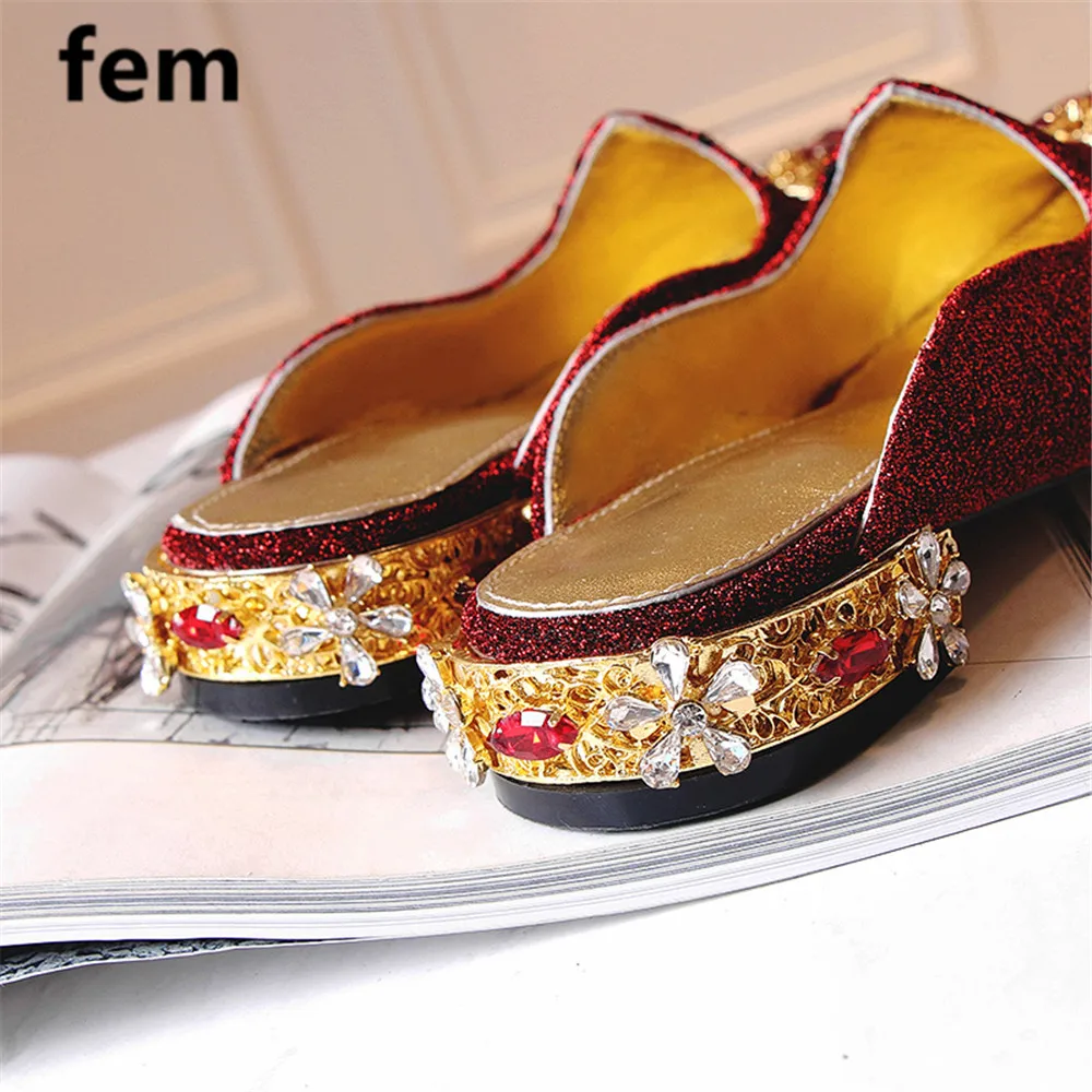 

Mules Shoes Women Pointed Toe Gold Line Flower Crystal Heels Toe Slippers Shoes For Women Fashion Luxury Designers Shoes Slipper