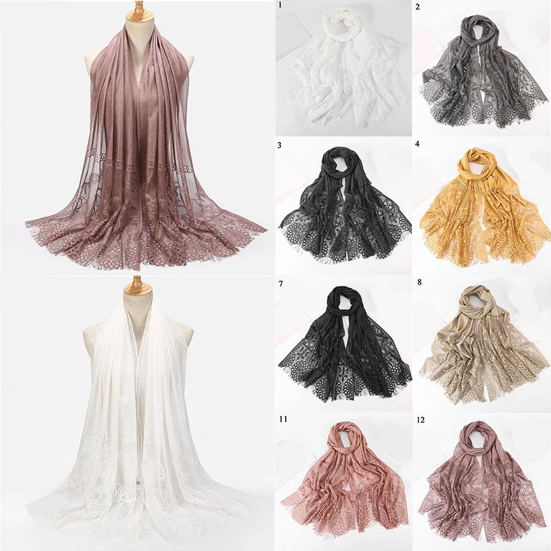 

1Pcs Muslim Headscarf Large Size Tassel Foulard Solid Color Women Scarf Cover-up Shawls Cotton Lace Scarf Casual Hijab Wrap