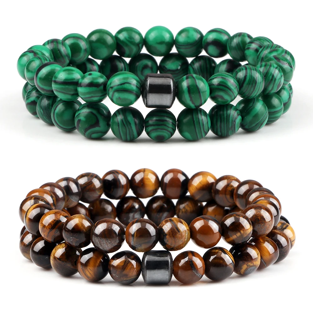 

2pcs/set Natural Tiger Eye Stone Bracelet Charm Men Malachite Hematite Beads Bracelets Stretch Bangles Women Gift Prayer Jewelry