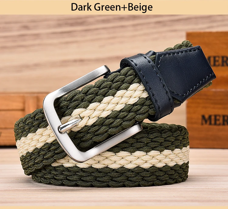 Fashion Casual Stretch Woven Belt With Leather Tip Top Elastic Belts For Men Jeans Mixed Color Braided Strap Zinc Alloy Buckle