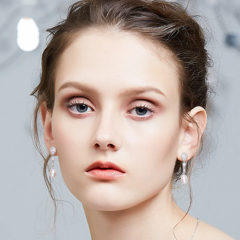 

Warme Farben Real Natural Pearl 925 Sliver Earrings Women Retro Elegant Inlaid Zircon Pearl Dangle Earring Fine Jewelry Wedding