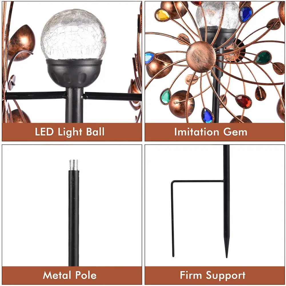 Harga Spinner Angin Bertenaga Surya Logam Dengan Lampu LED Multi-warna Taman Kincir Angin Tiang Halaman Rumput Seni Dekorasi Ornamen Lanskap Panas