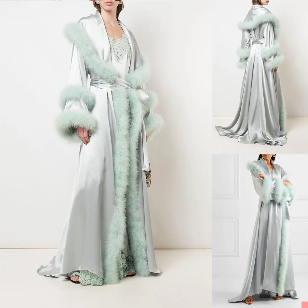 

Fur Silk Bridal Bathrobe Two Pieces Long Sleeves Wedding Sleepwear Bath Robes Nightgowns Party Wear Women Dress Kimono