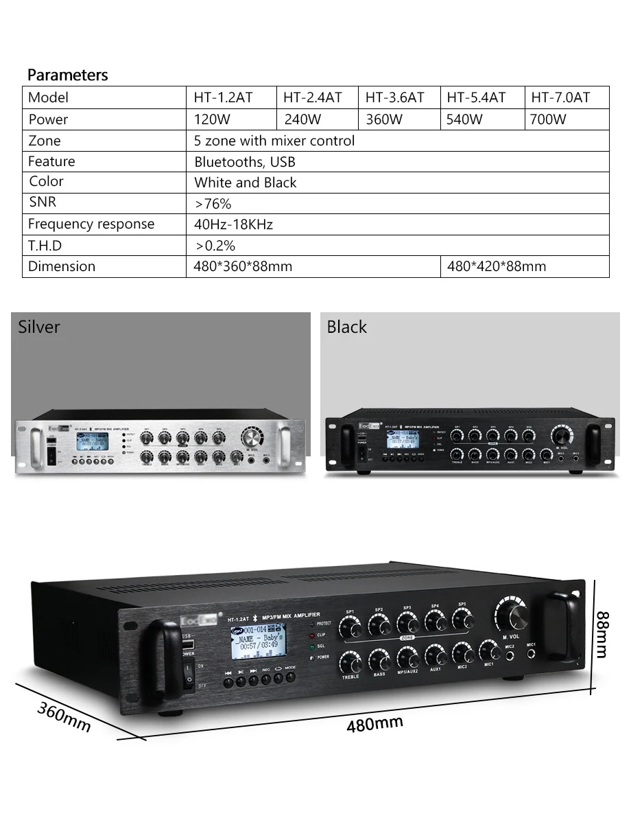 Oupushi HT-3.6AT 5 Зон Микшер контроль PA система Bluetooth усилитель с FM 2 микрофонный вход и USB вход