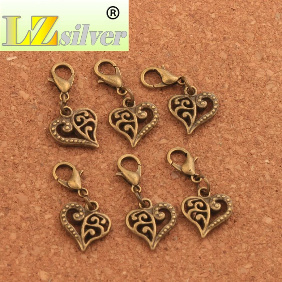 Open Flower Heart Lobster Claw Clasp Charm Beads 12.9x27.5mm 4Colors 100pcs zinc alloy Bronze  Jewelry DIY C919