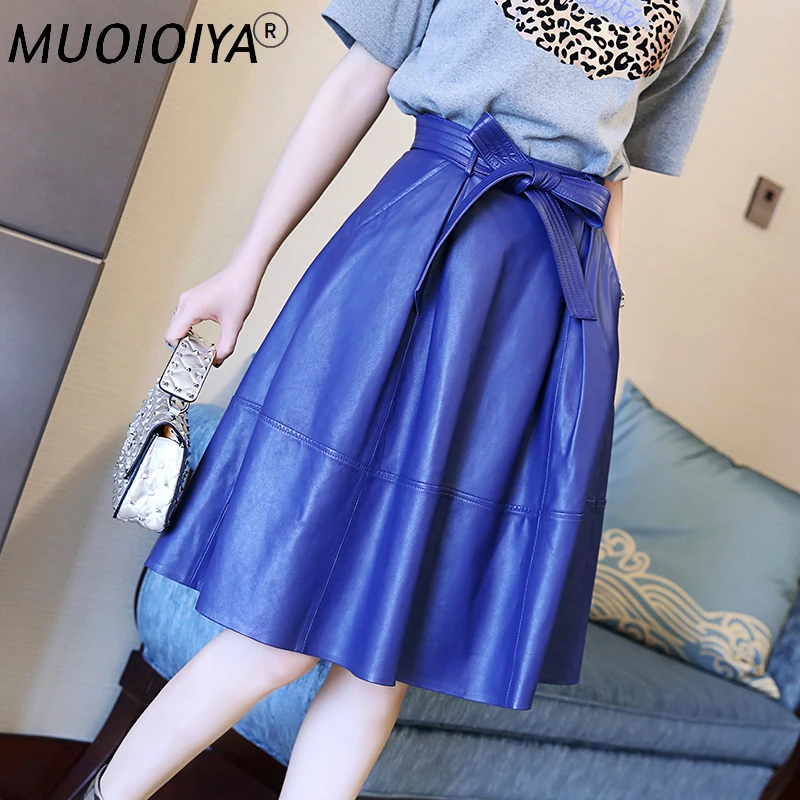 

Womens Genuine Leather 100% Natural Sheepskin Midi Skirt Female Elegant A Line Office Ladies Luxury French Bow High Waist Skirts