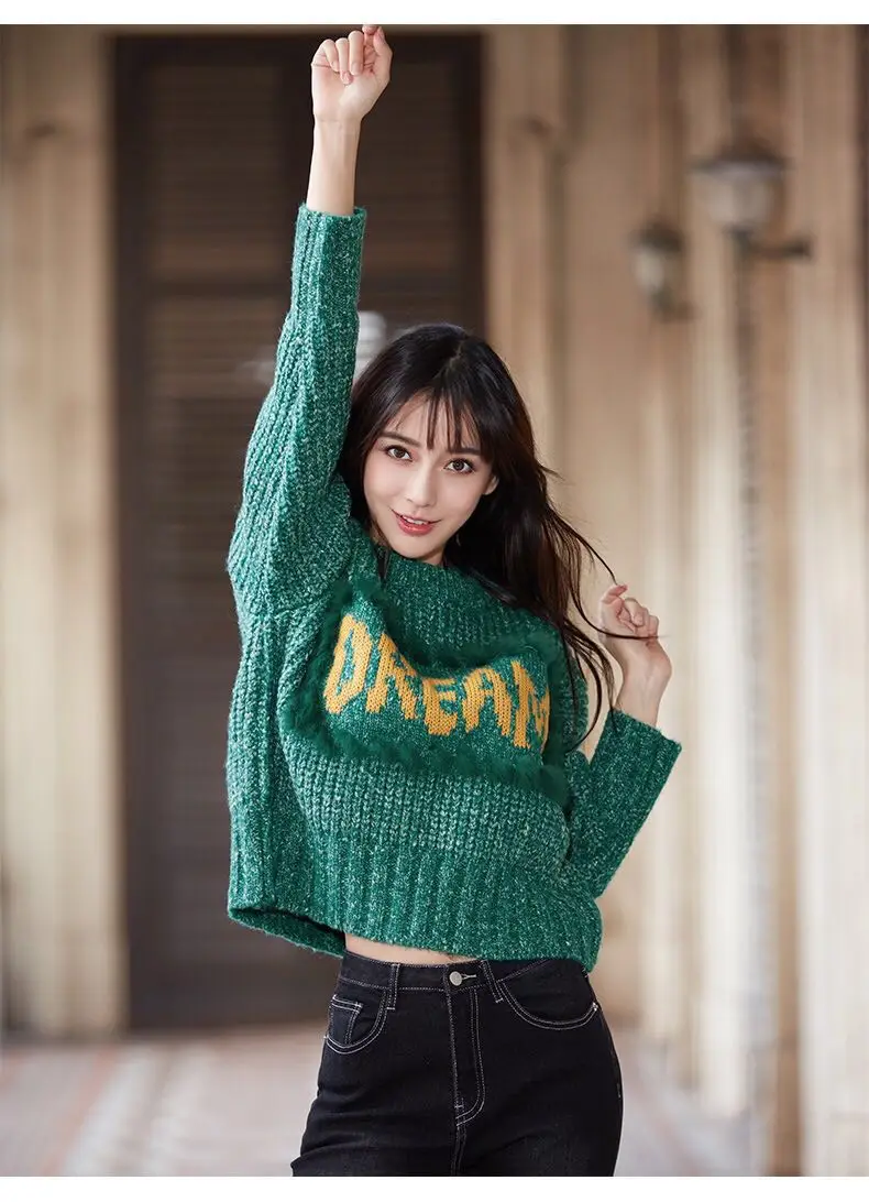 Модный свободный зеленый пуловер большого размера длинные свитера осенне-зимняя