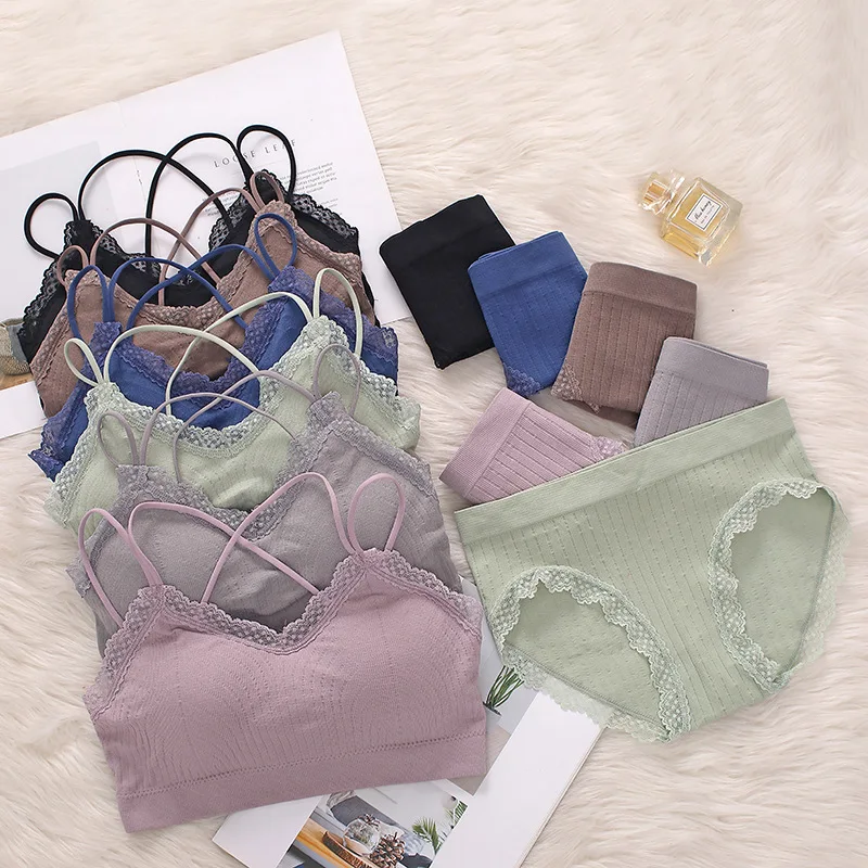 

Women Lace Bra Briefs Set Lingerie Seamless Push Up Padded Bralette Beauty Back Active Soft Sports Top Wear WireFree Underwear