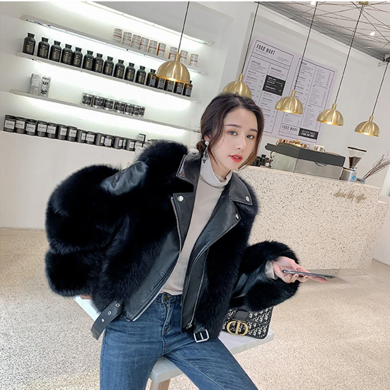 2021 New Skin Thin Jacket Ms. Fox Fur Coat Female Motorcycle Model Leather FashionShort Coat Women's Coat Fur Jacket Fox Fur