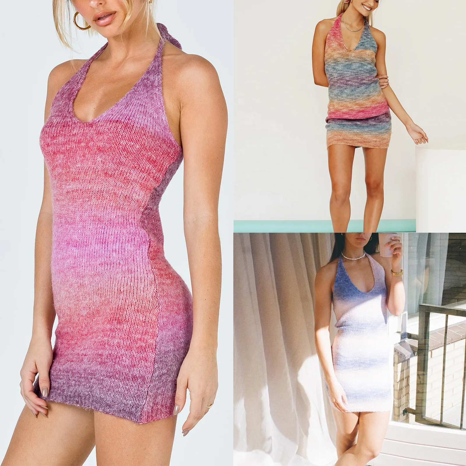 

Fashion ladies open back deep V sexy bag hip dress rainbow knitted tie dress Women Deep V Sexy Bag Hip Rainbow Knitted Tie Dress