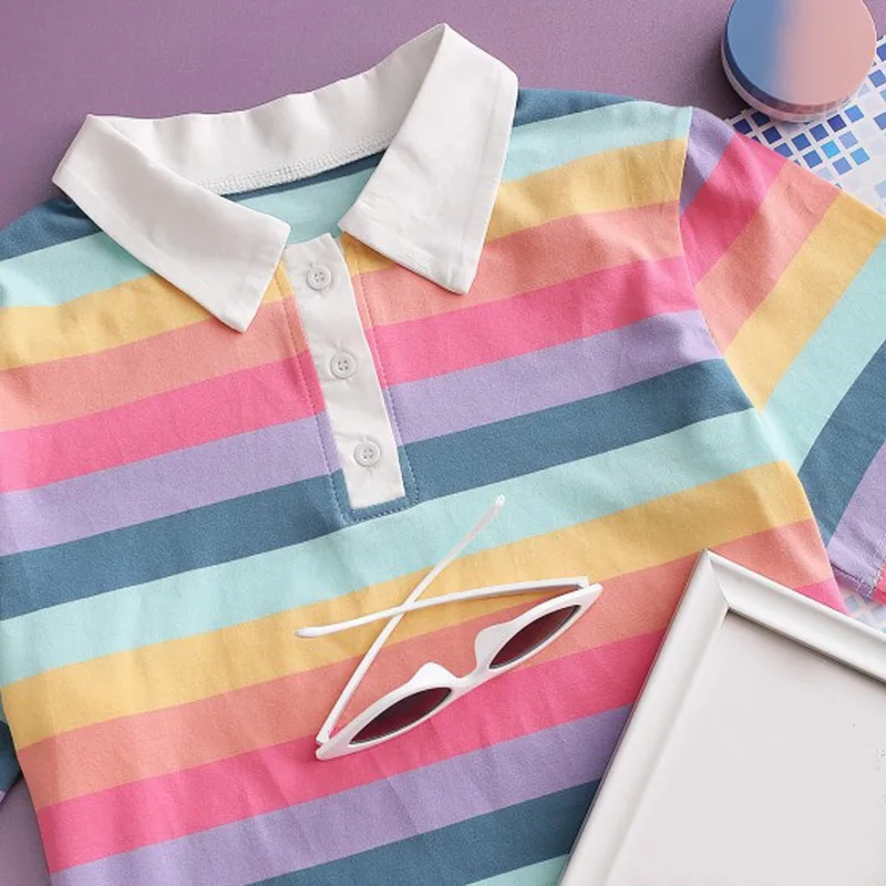 

CN T Shirts Women 2021 Korean Fashion Rainbow Striped Short Casual Women's Top Cute Lapel Short Sleeve Summer T Shirt For Girl
