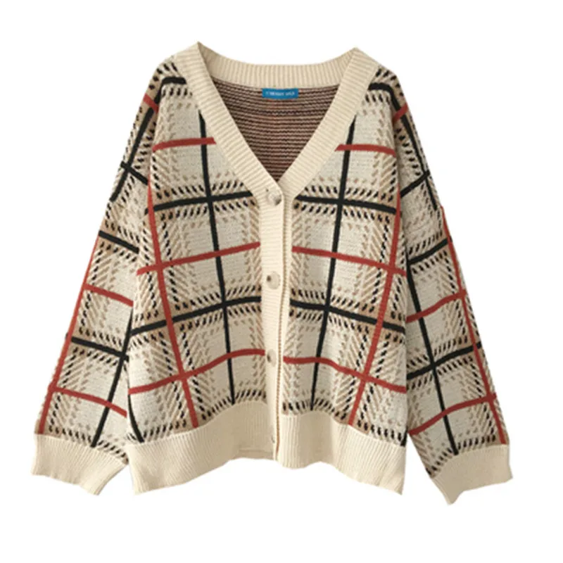 2019 осенний и зимний корейский стиль v-образный вырез клетчатый вязаный кардиган