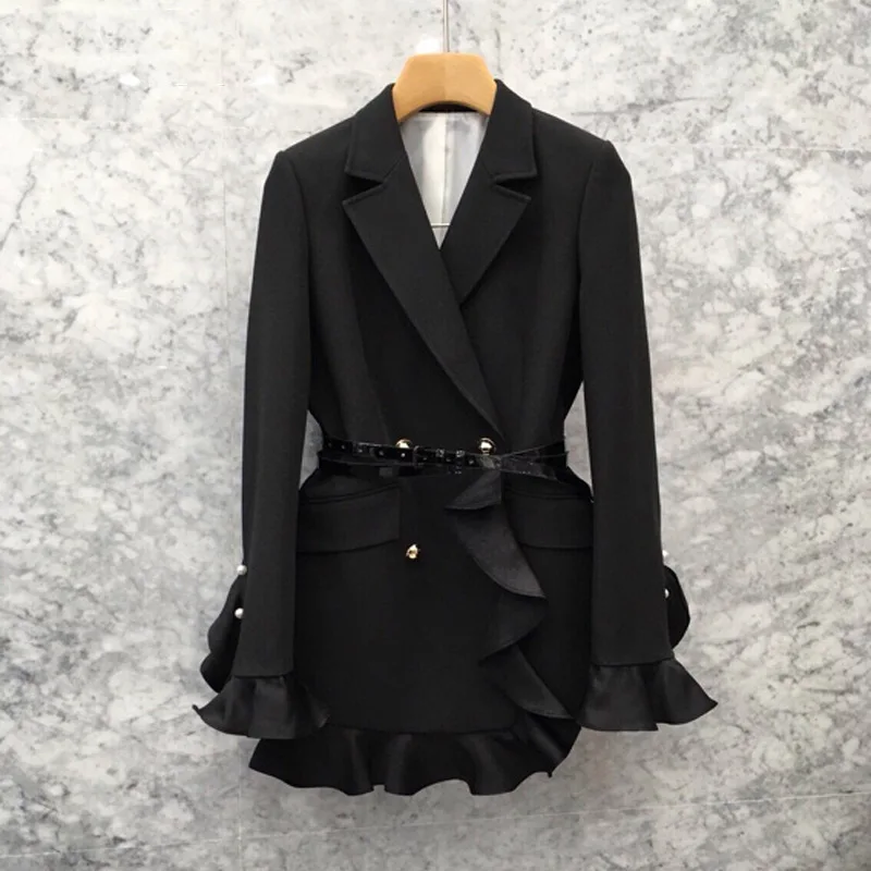 

Fashion Ruffles Stitching Black Suit Belt Waist Work Wear Double Breasted Blazer Jacket Women Autumn Winter Korean Suit Coat
