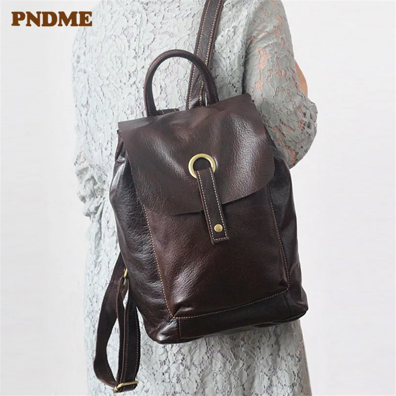 PNDME casual retro outdoor genuine leather ladies backpack top layer leather designer anti-theft women's travel bagpack bookbag