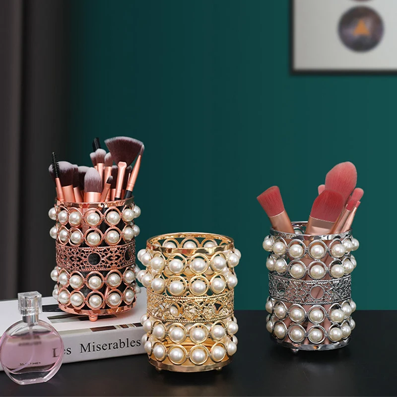 

Pearl Cosmetic Brush Storage Holder Hollow Metal Makeup Tool Organizer
