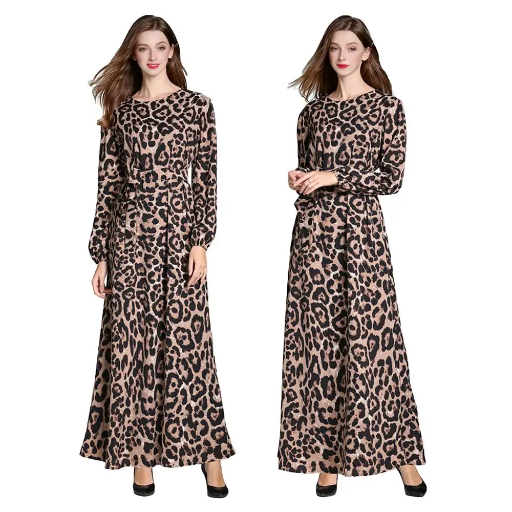 Модное мусульманское женское платье-туника с леопардовым принтом и длинным рукавом, абайя, платье-туника, Jilbab, исламский кафтан, одежда для ...