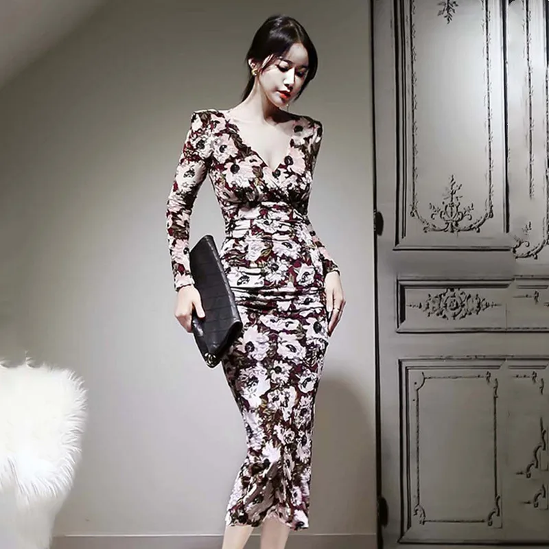 

2020 New Fashion Korean Style Elegant Women's Printed V-Neck Bag Hip Mid-Length Slim Bottoming Dress