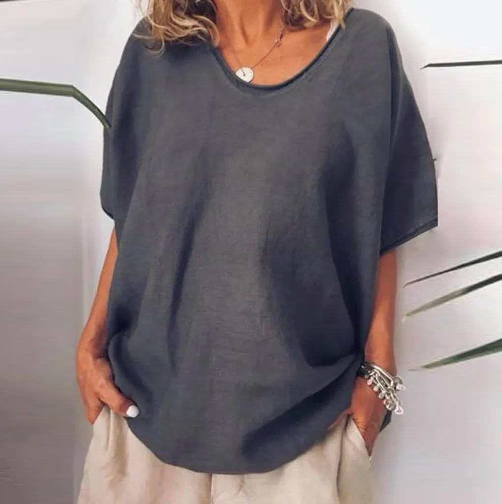 

Summer Spring Loose Blouse Soild Color Women V Neck Tops Short Sleeved Blouses