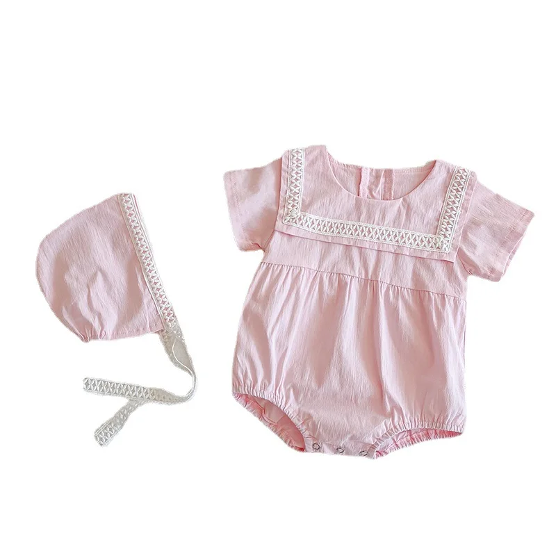

2021 Baby Summer Clothing Infants Baby Girls Bodysuits Pure Cotton Ruffles Short Sleeve Jumpsuit Hat Clothes Girls Outfit