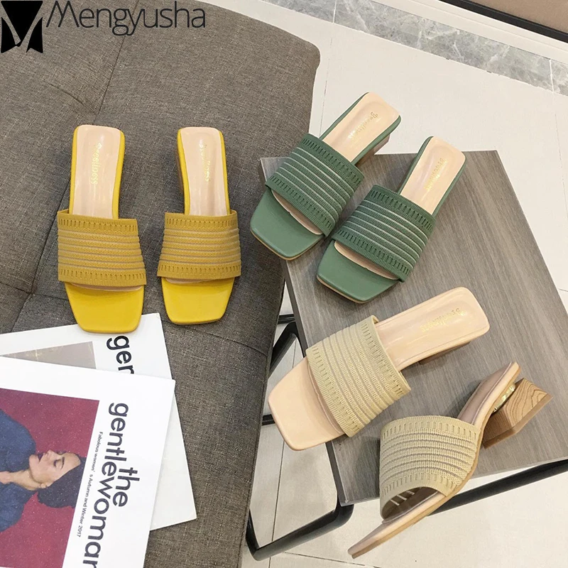 Вязаные тапочки ярких цветов из эластичной ткани обувь на высоком каблуке с