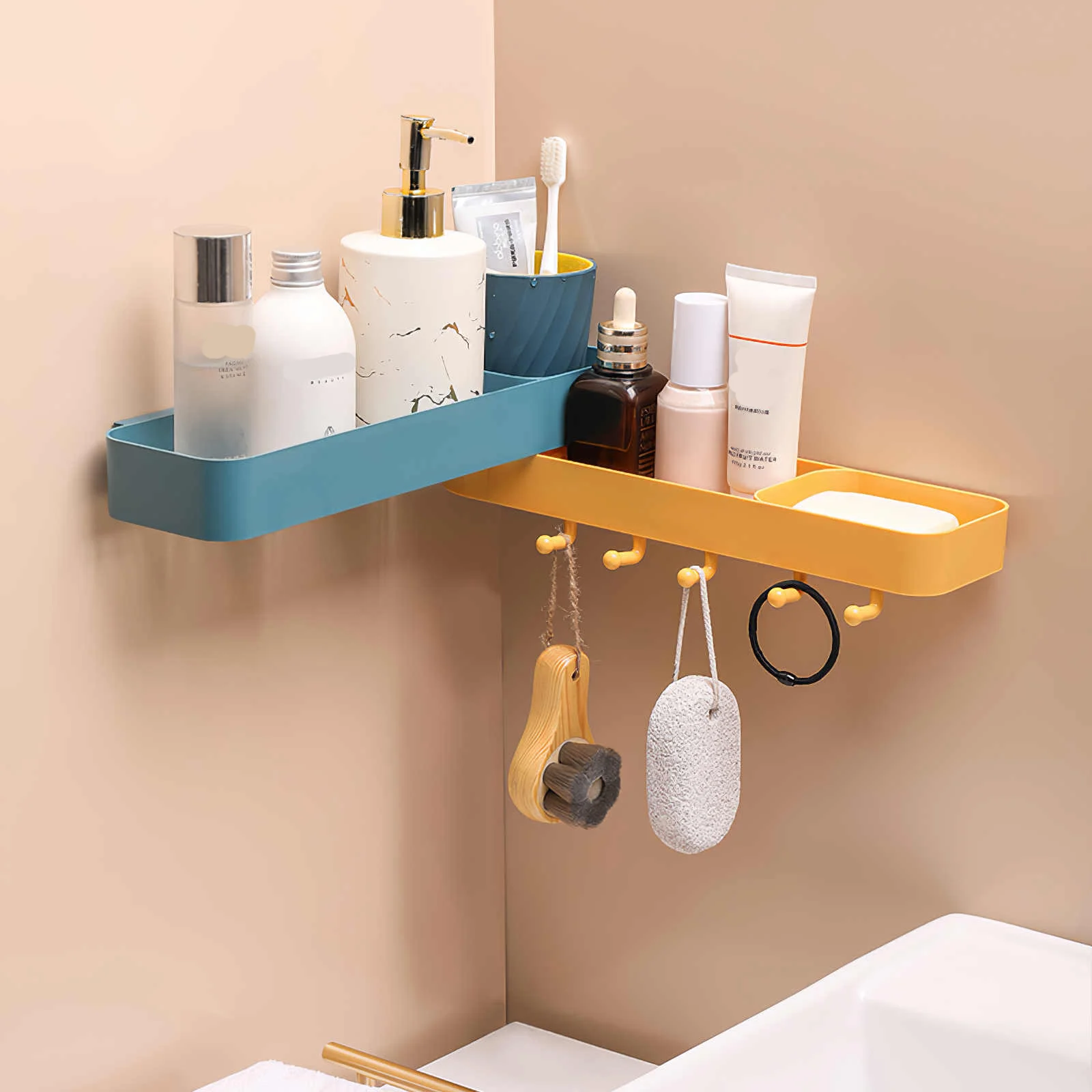 

Полка-органайзер для ванной без перфорации, стойка для хранения шампуня с подвесными крючками, домашние полки