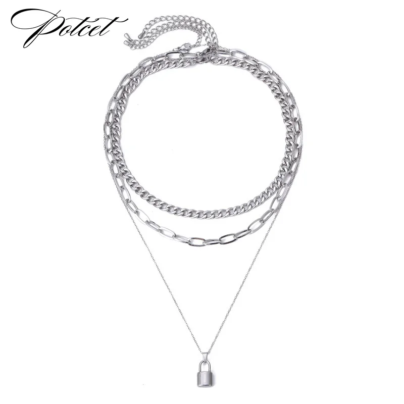 

POTCET Unisex Stainless Steel Multilayer Lock Titanium Steel Necklace O-Chain Pendant Geometric Fashion Hip Hop Party Jewelry