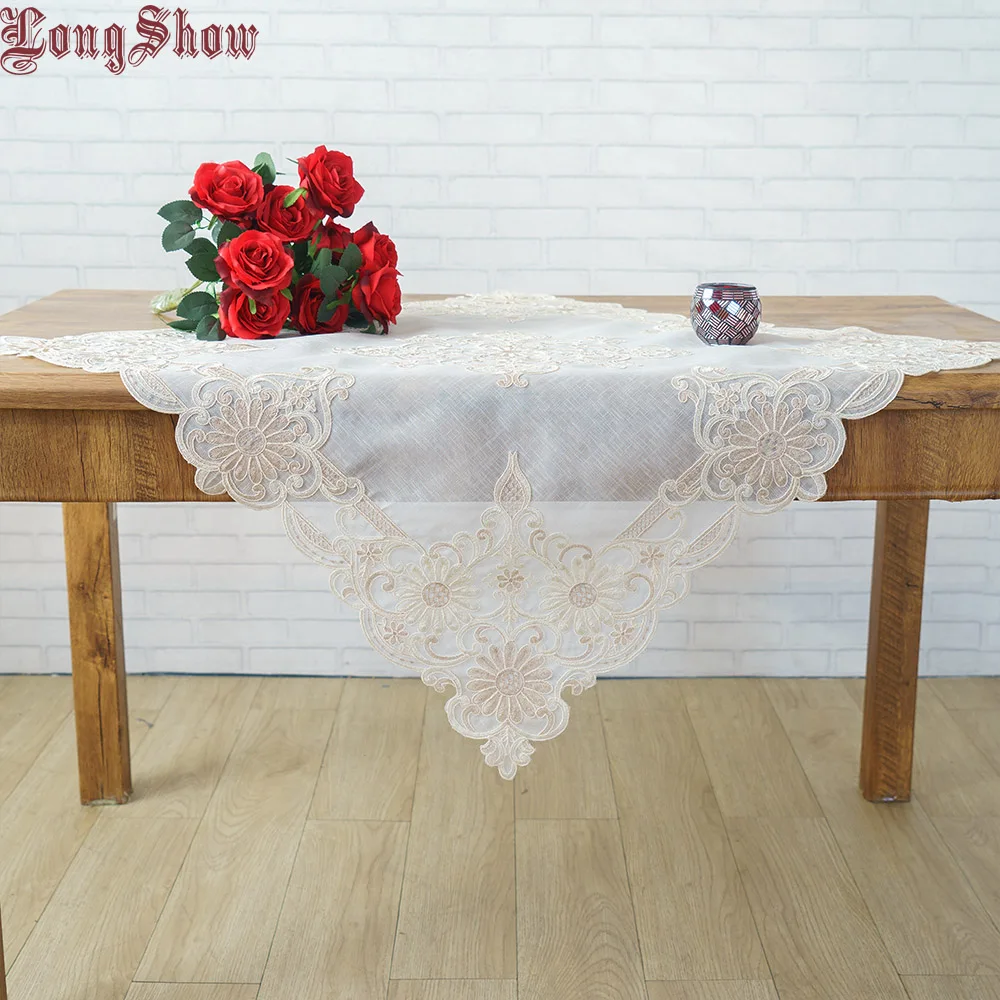 Современный стиль, креативная, уникальная, элегантная, 85x85 см, квадратная, бежевая, сетчатая, с лентами, вышитая скатерть, ручная работа, для резки, ремесла