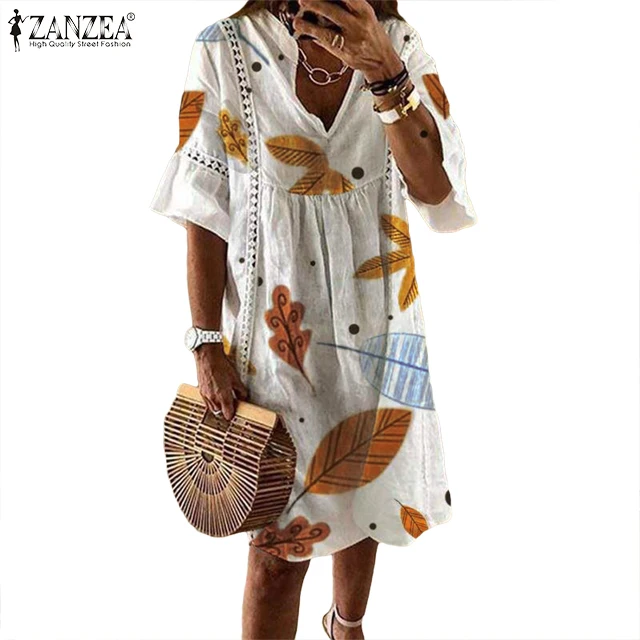 Женское винтажное платье-туника ZANZEA платье средней длины с v-образным вырезом и
