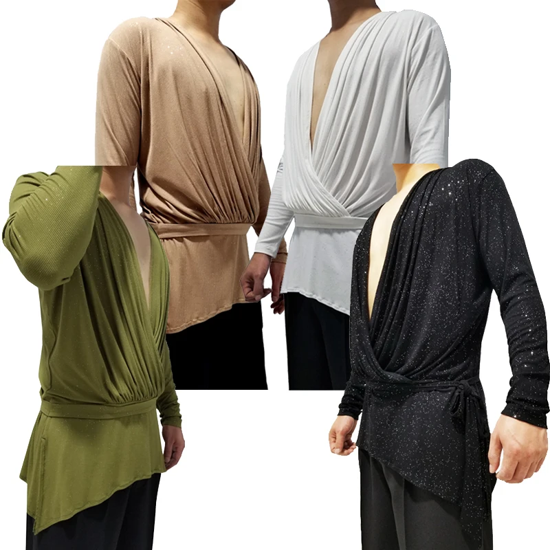 Мужская рубашка для латиноамериканских танцев с V-образным вырезом и длинным