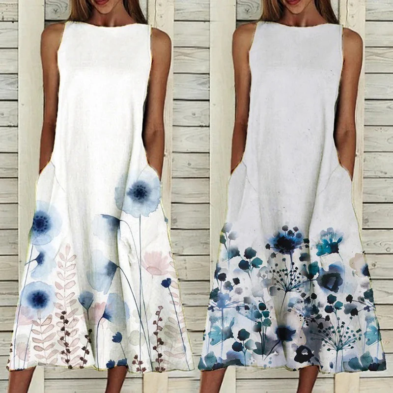 

Fashion Women Long Dress Elegant Floral Print Round Neck Sleeveless Dresses A-Line Party Fashion Summer Casual Loose S-3XL