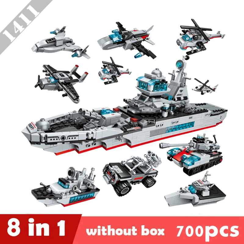 

1411 700pcs 8 in1 cruiser warship fighter car tank enlighten building blocks Bricks Toys For Children Christmas birthday Gifts