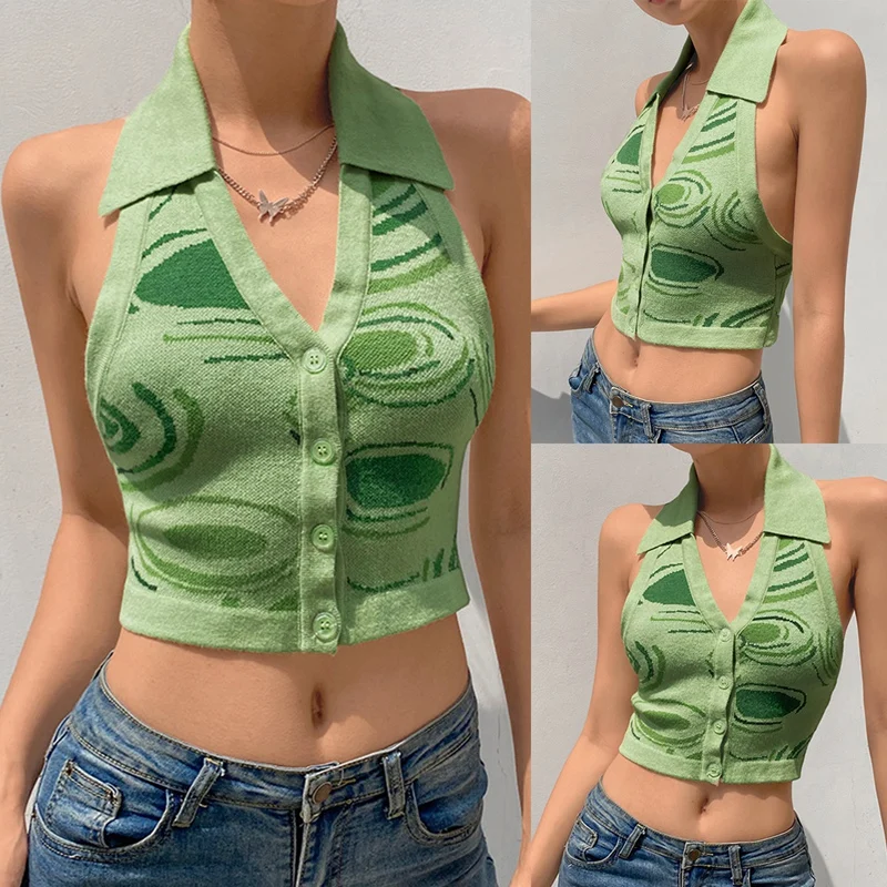 

Женский модный однобортный Топ с отложным воротником и открытой спиной, зеленый