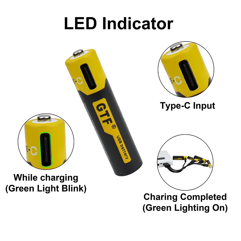 USB Type-C Charging AAA battery 1.5V 500mah 750 mWh Lithium ion Battery 4 in 1 Type C Charg Cable LED Indicator | Электроника