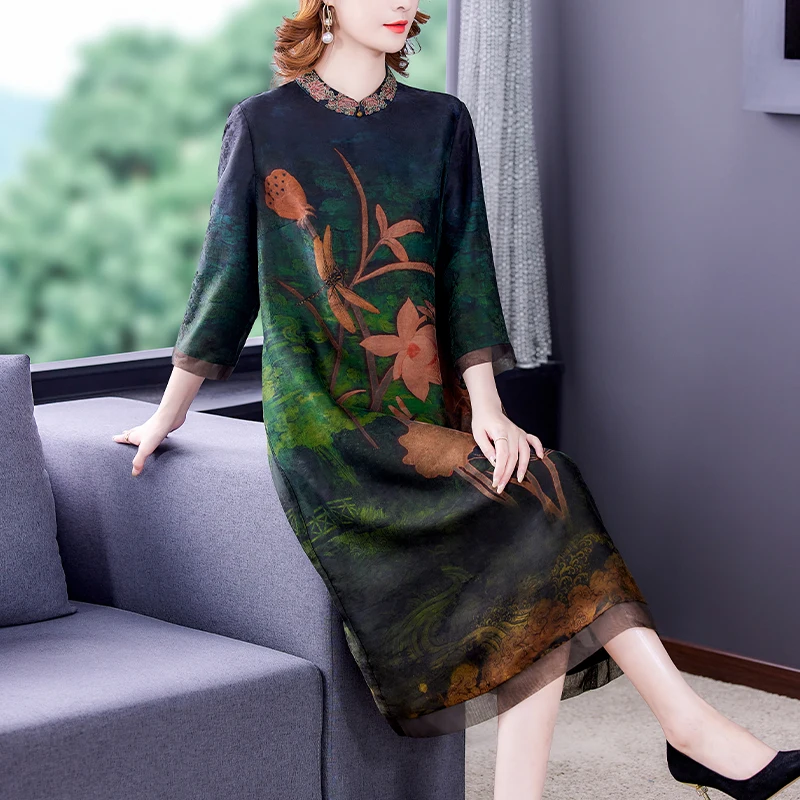 

2023 Autumn Natural Silk Embroidery Midi Dress Spring Vintage Korean Elegant Loose Dresses Women Casual Bodycon Party Vestidos