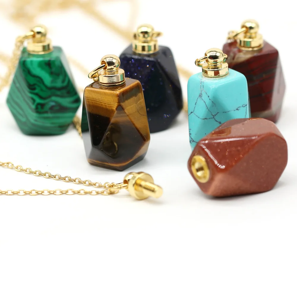 

Natural Perfume Bottle Crystal Stone Pendant Necklace Agates Malachite Essential Oil Diffuser Charm Copper Chain Jewelry Gift