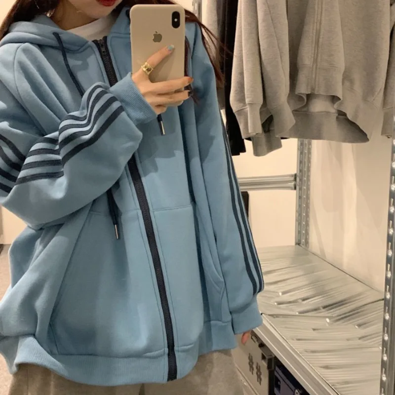 

Women Loose Hoodies Long Sleeve Vintage 2021 New Korean Fashion Harajuku Zipper Casual Oversized Sweatshirts Clothes Top