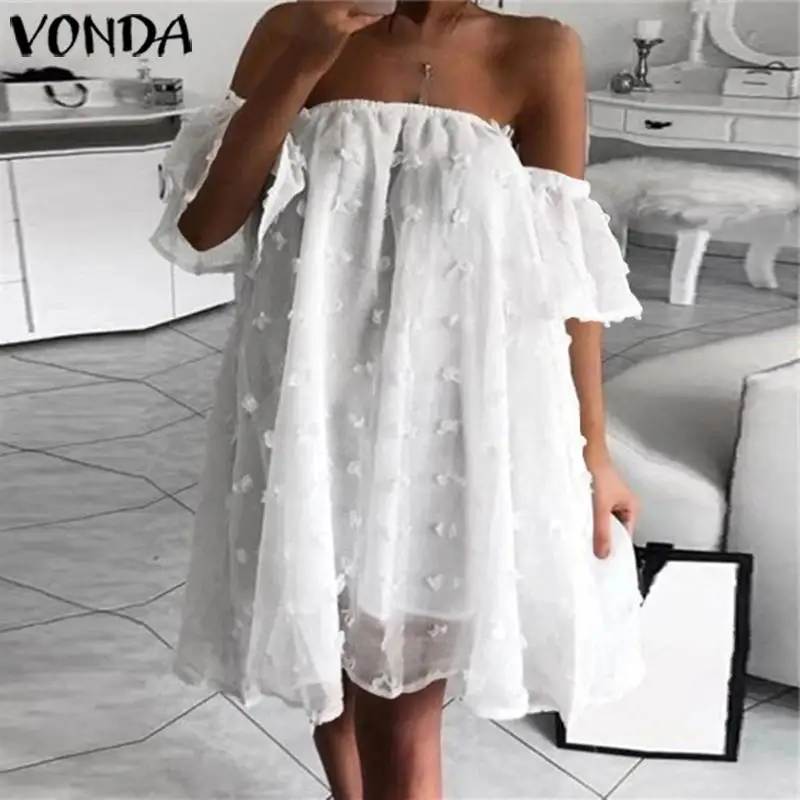 Платье с открытыми плечами VONDA повседневный свободный пикантный кружевной - Фото №1