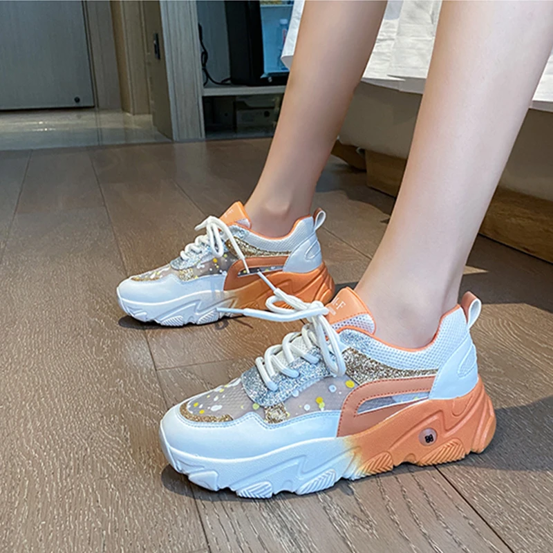 Женские сетчатые кроссовки 2020 Женская Блестящая дышащая Вулканизированная