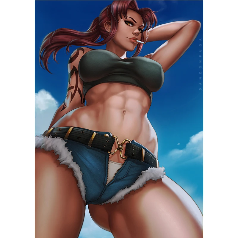 Привлекательная крутая курительная татуировка для стрельбы девушки Revy холст