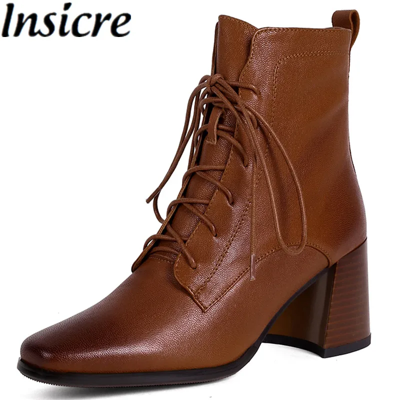 

Insicre Women Ankle Boots Waxing Size 42 Brown Sheepskin Cross Tied 2021 Autumn Square Toe Thick High Heel Shoes Lace Up