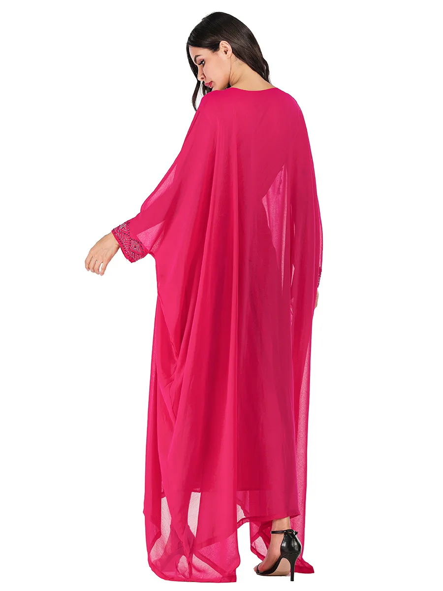 

Chiffon Rhinestone Beading Double-layer Ethnic Dress Batwing Sleeve Muslim Abaya Dubai Arab Ramadan Robe Moroccan Gown VKDR1749