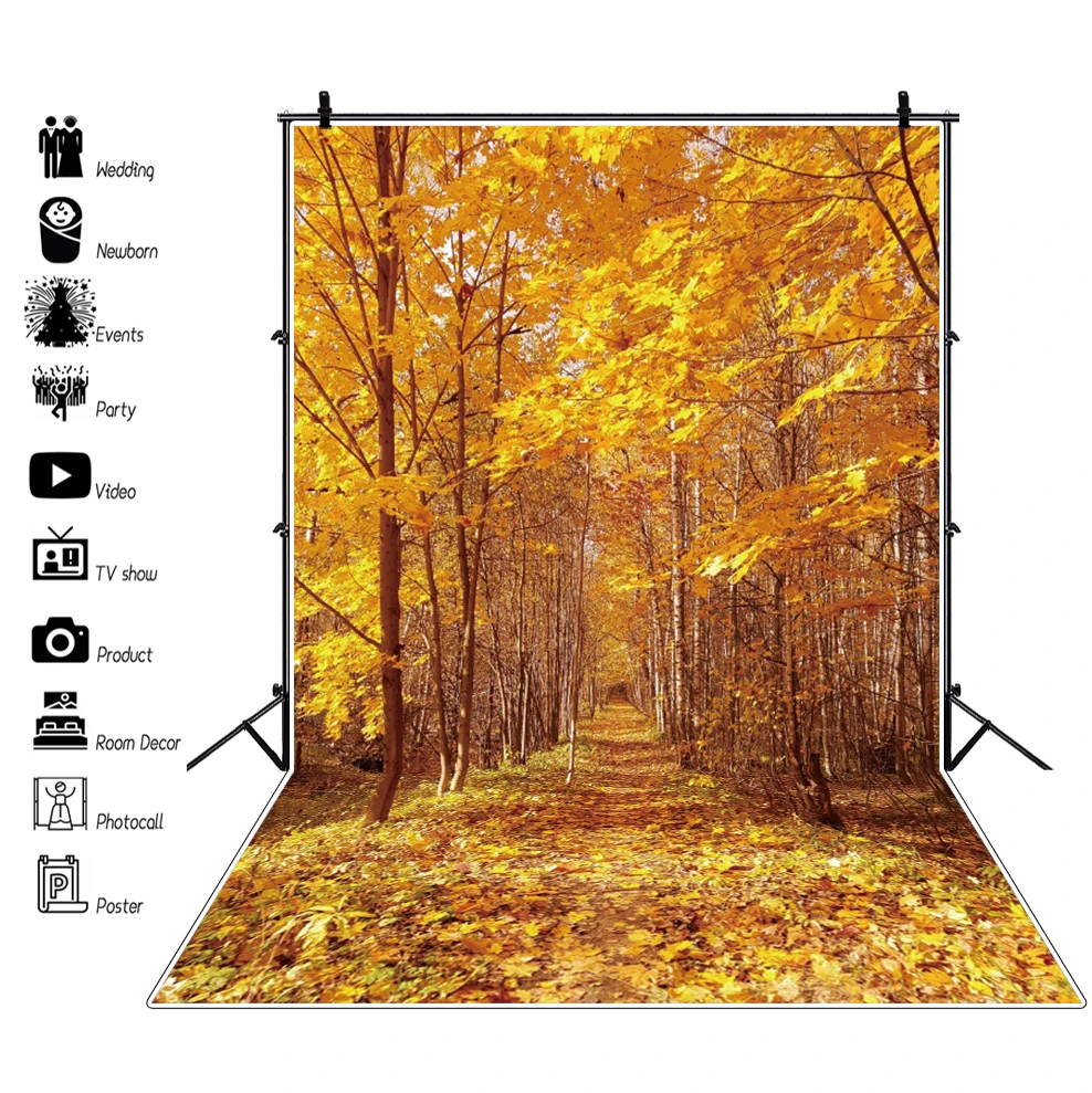 

Фон для детской портретной фотосъемки с изображением осеннего кленового леса и желтых ПАДАЮЩИХ ЛИСТЬЕВ