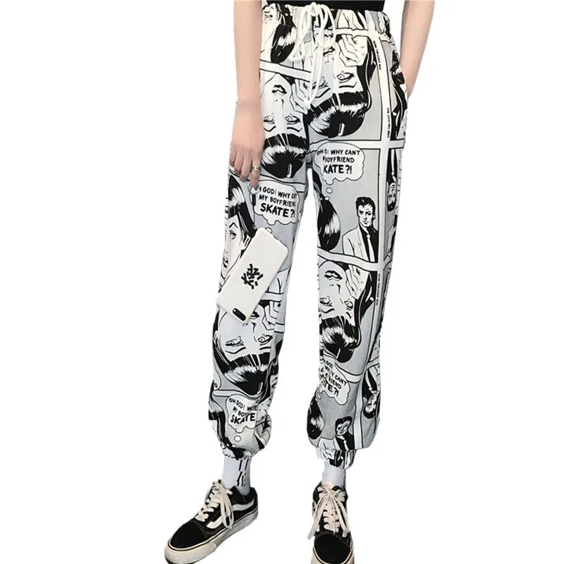

Cartoon Print Drawstring Pants Elastic Waist Hip Hop Long Pants Women Harajuku High Waist New Fashion Casual Trousers