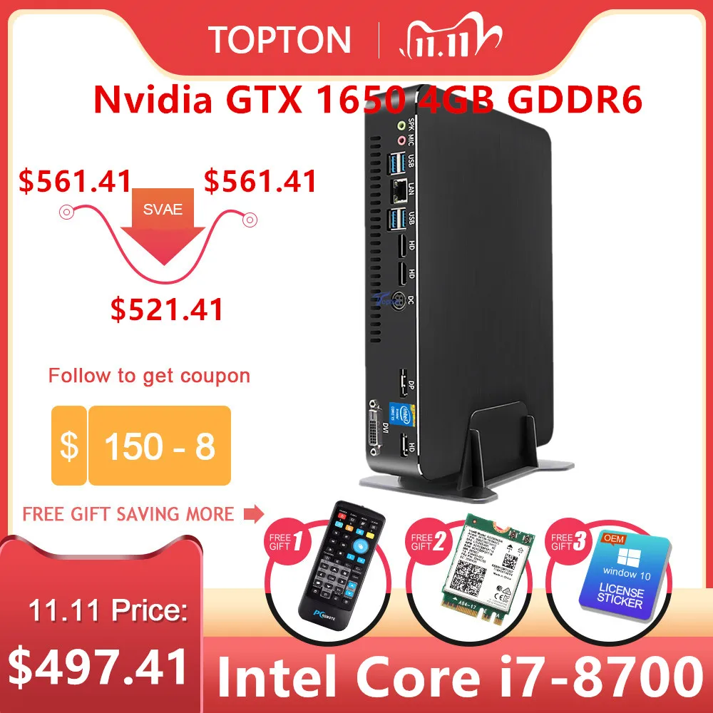 Мини игровой ПК Core i7-8700 GTX 1650 4 Гб GDDR6 Win10 настольный компьютер M.2 + 2 5 ''SATA 7 * USB 4K DP
