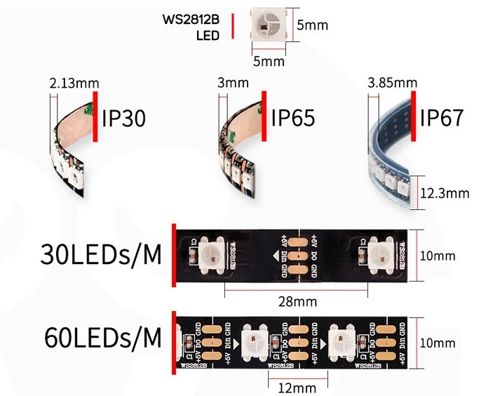 Zuczug WS2811 WS2812B RGB Светодиодная лента 5 м 5 12 вольт водонепроницаемый 5050 30/60/144 светодиодный/М WS2812 WS2812B DC 5 в 12 В Светодиодная лента e лента