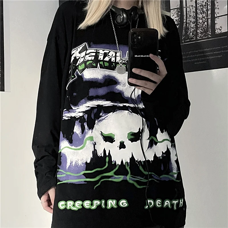 

Autumn And Winter Ins Dark Rock Print Long Sleeve T-shirt Tshirt T Shirt Women Harajuku Tops Gothic Streetwear