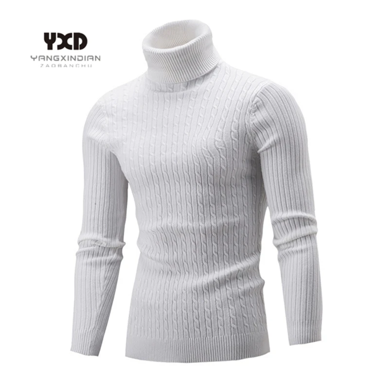2020 New Brand Men Clothes Winter Warm Simple Casual Knitted Vertical stripes Solid color Turtleneck Slim tops Sweaters pullover