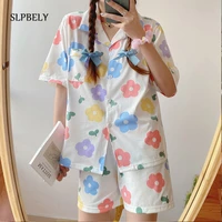 slpbely women pajamas set pyjamas summer sweet floral lapel short sleeved sleepwear nightwear lovely loungewear with shorts new