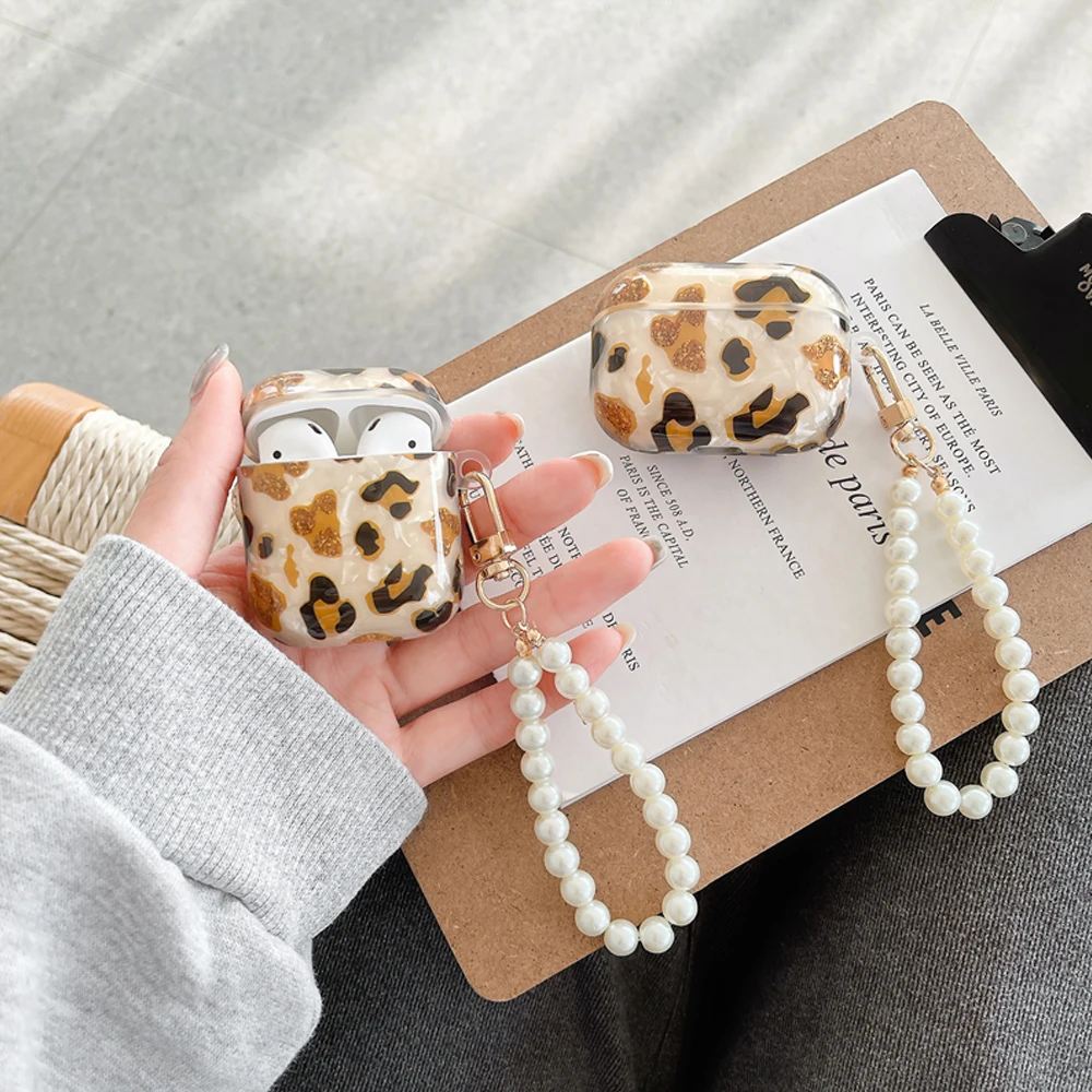 

Luxury Leopard Pearl Case for Apple Airpods 1 2 Bracelet Chain Case for AirPods Pro Case Bluetooth Earphone Accessories Box